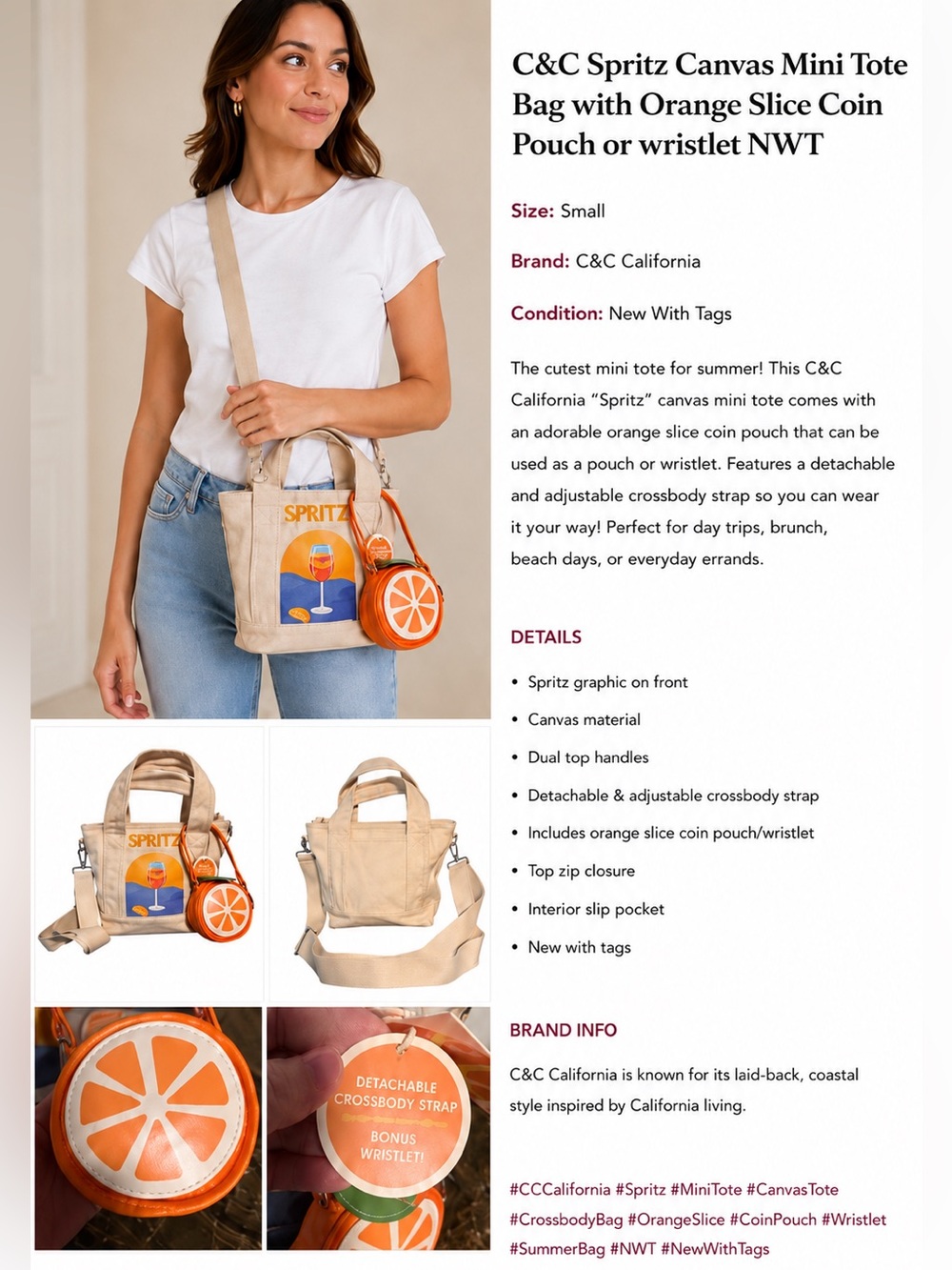C&C Spritz Canvas Mini Tote Bag with Orange Slice Coin Pouch or wristlet NWT